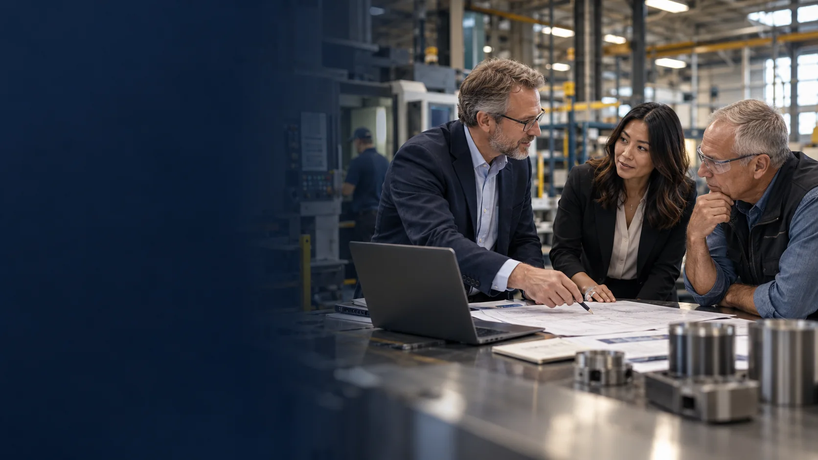 Business owner, buyer and advisor discussing an acquisition in a manufacturing facility