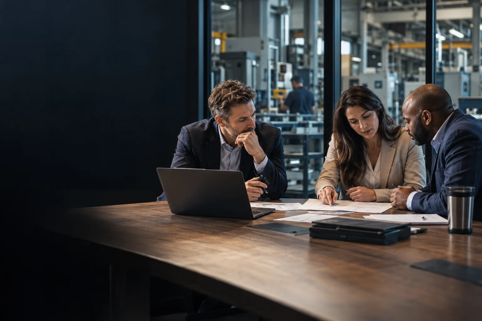 M&A advisor and prospective buyers reviewing financing in a manufacturing office