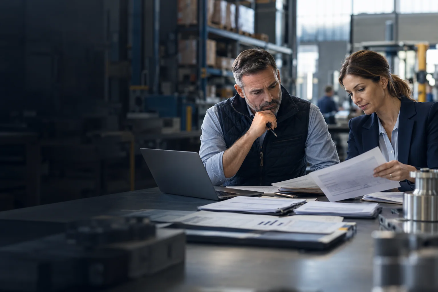 Business owner and advisor examining records in an operating industrial facility