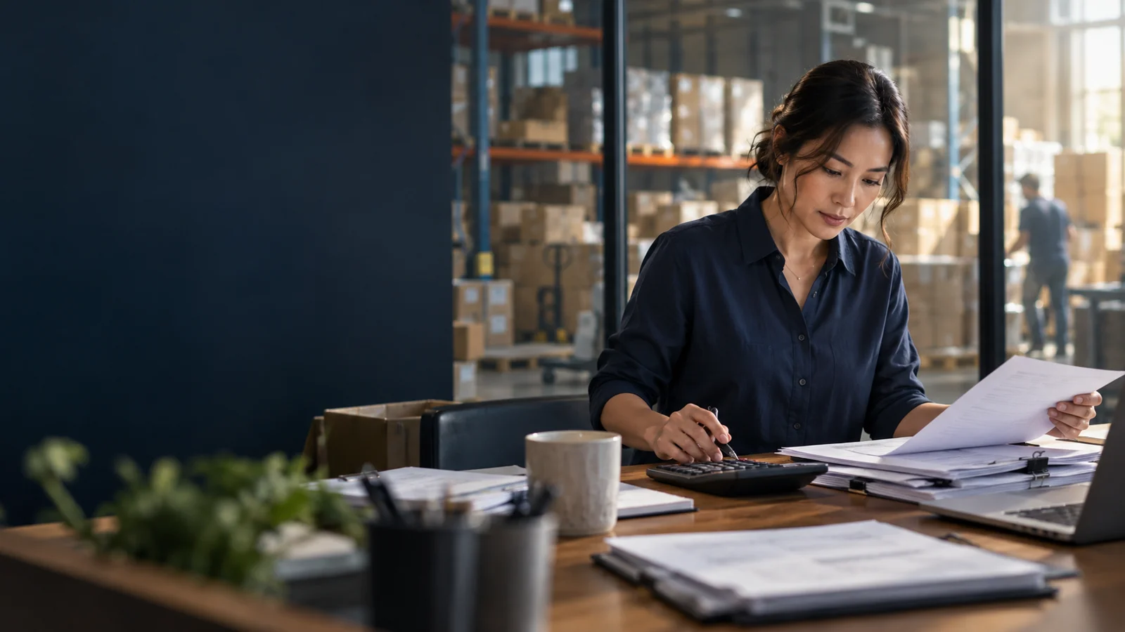 Wholesale business owner checking financial documents before a loan application