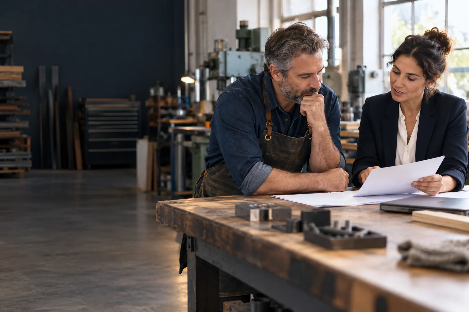 Illustration of a business owner and adviser reviewing records in a workshop