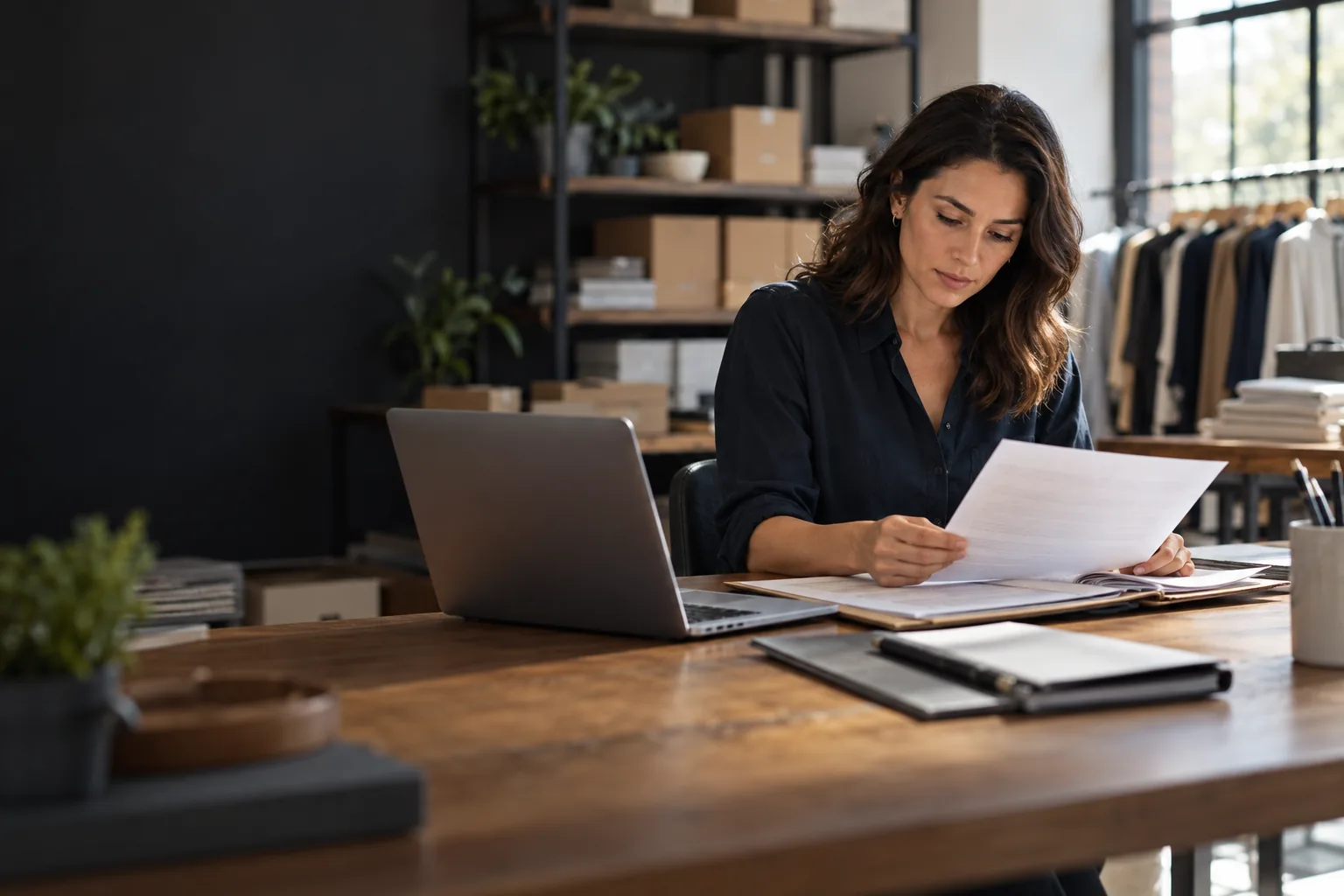 Illustration of a business owner reviewing financing information in an operating business