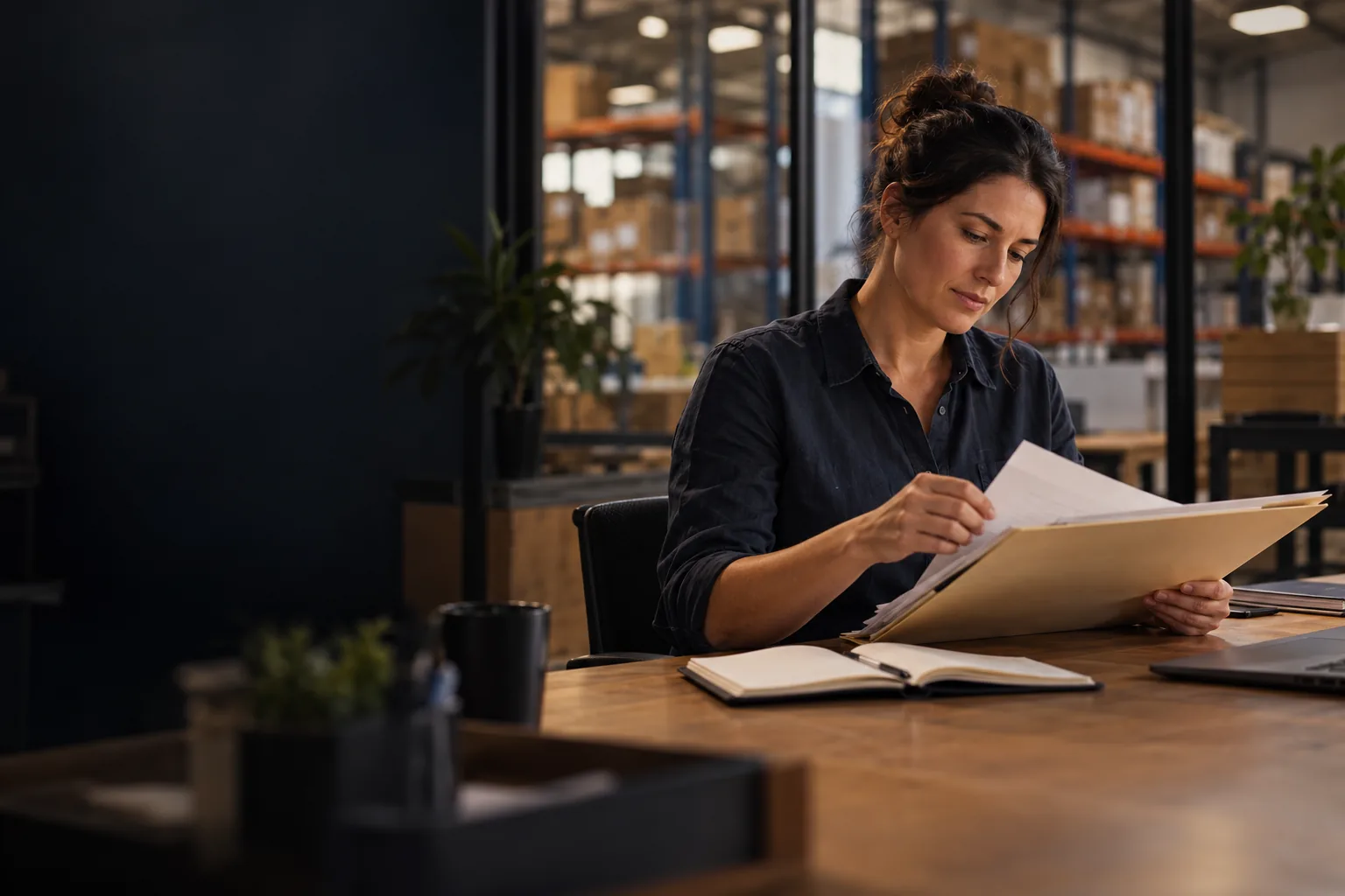 Illustration of a business owner reviewing financing information in an operating business
