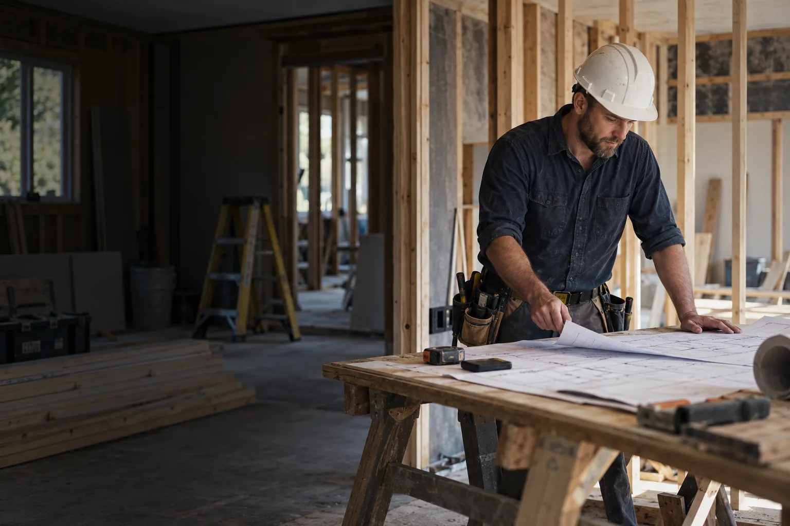 Illustration of a construction owner reviewing plans at a renovation site