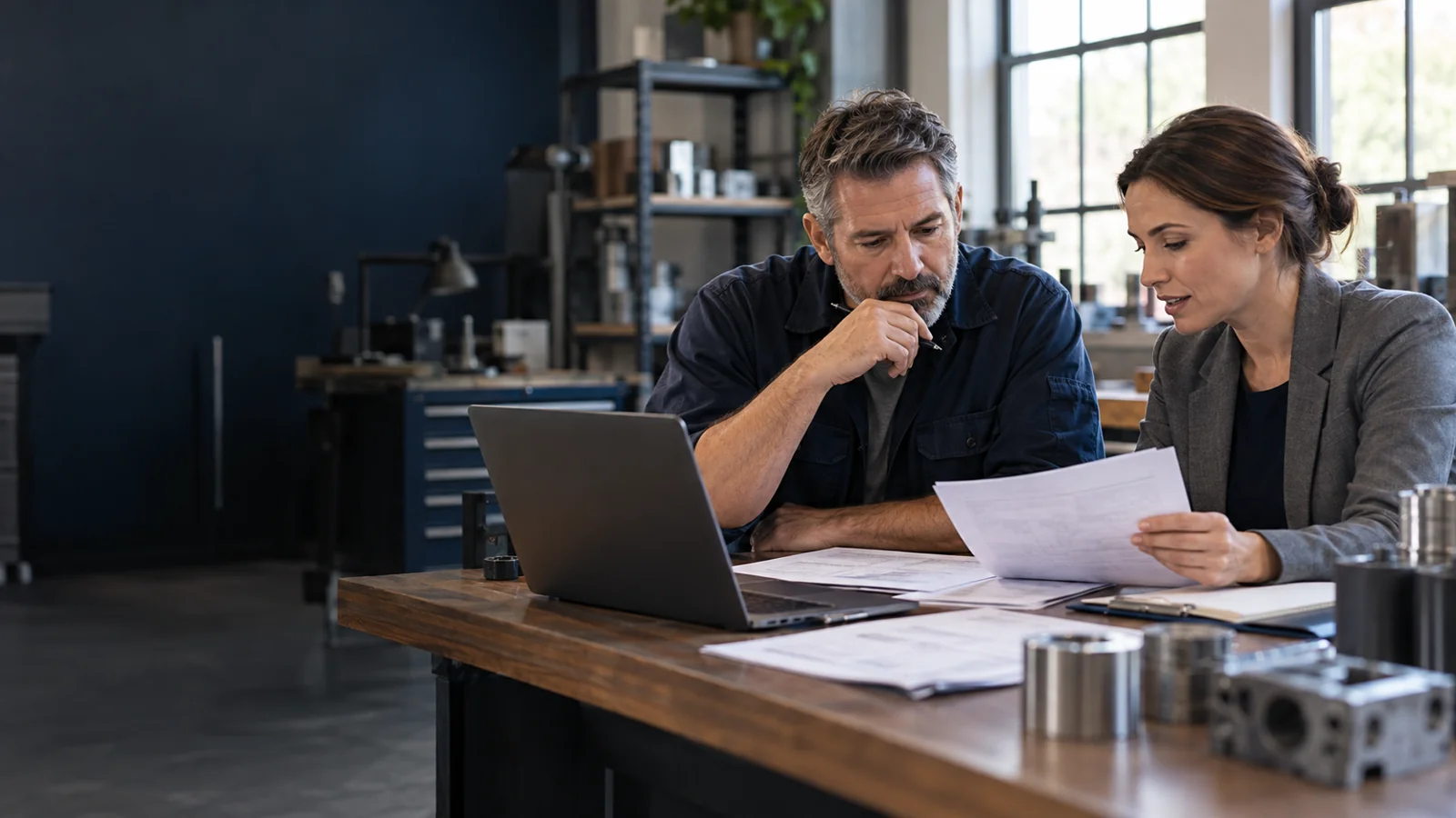 Business owner and adviser examining financial records in a workshop office