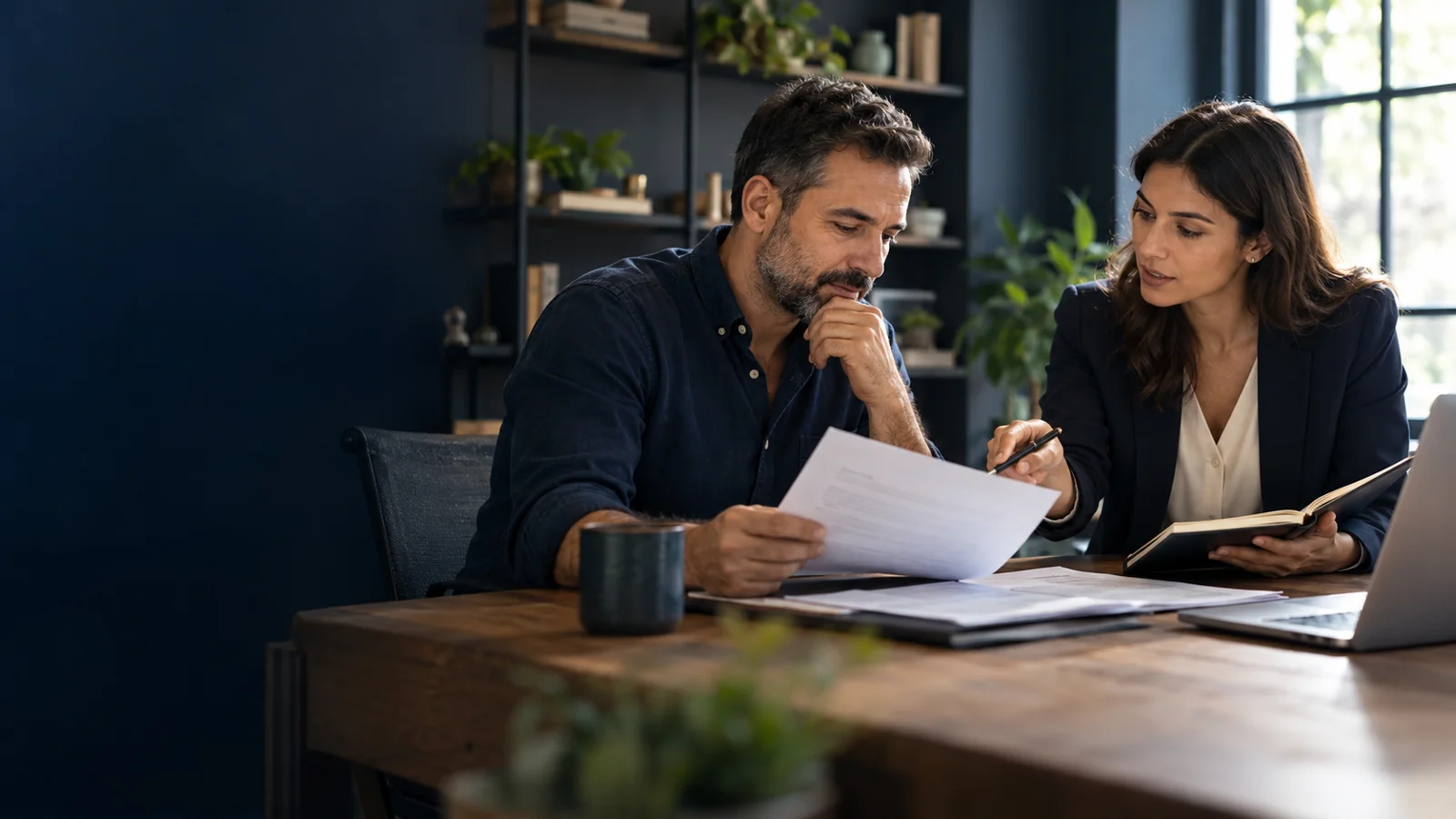 Business owner and adviser discussing an initial financing assessment