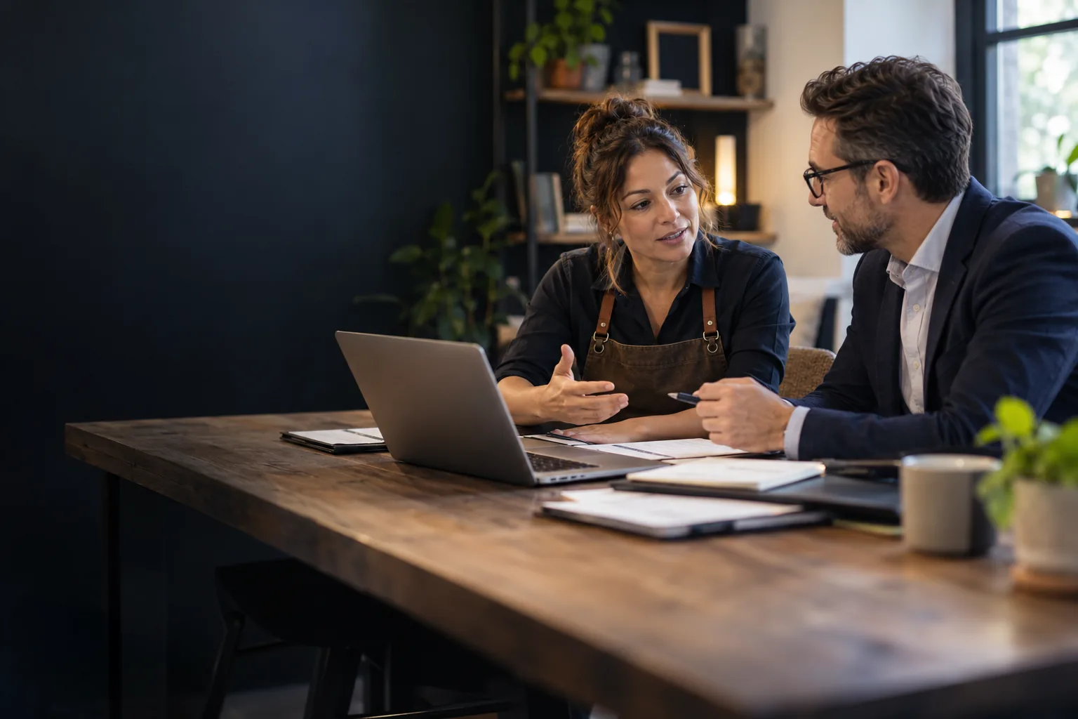Illustration of a business owner reviewing financing information in an operating business