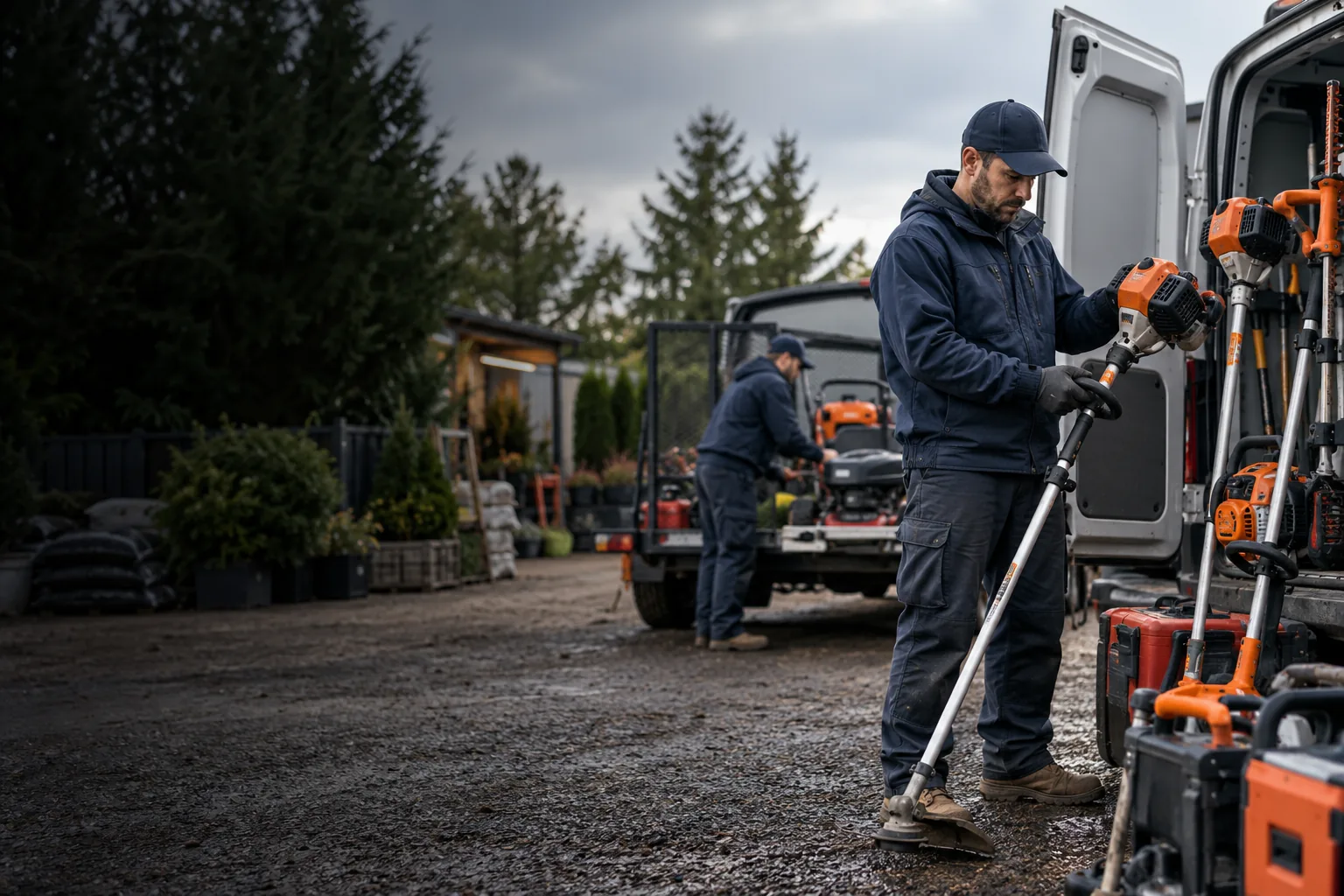 Illustration of a service business owner inspecting landscaping equipment