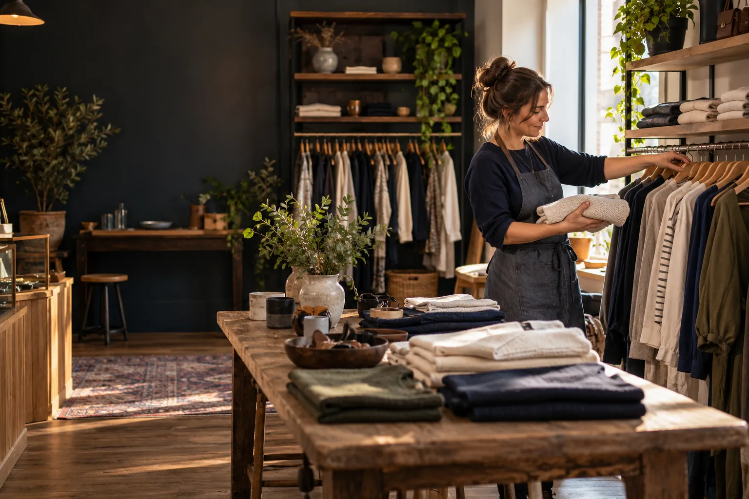 Illustration of a retail owner arranging stock in an independent shop
