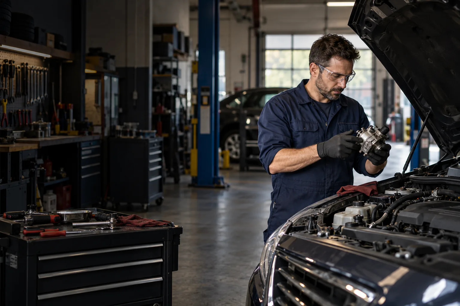 Illustration of a repair workshop owner inspecting a component beside a vehicle