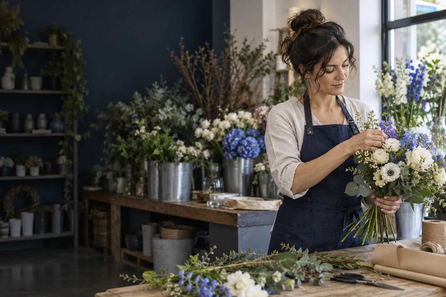 AI-generated editorial image of an independent florist arranging a bouquet at the shop counter