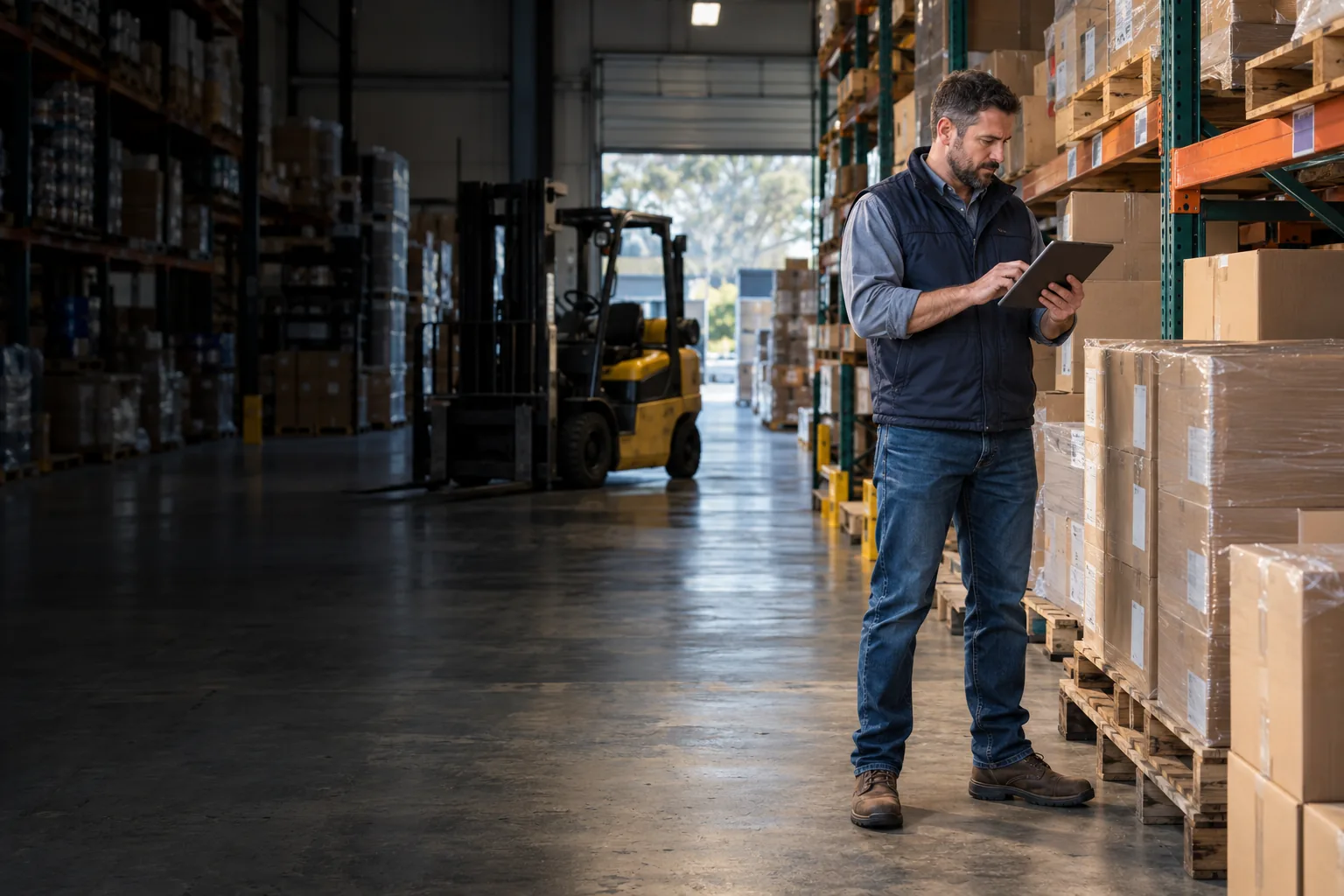 Illustration of a distributor reviewing inventory in a warehouse aisle