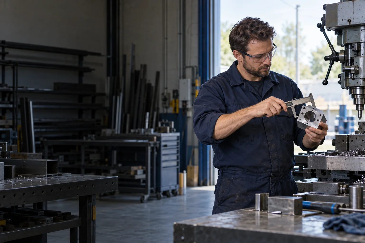 AI-generated editorial image of a metal fabrication owner checking a finished part beside workshop machinery