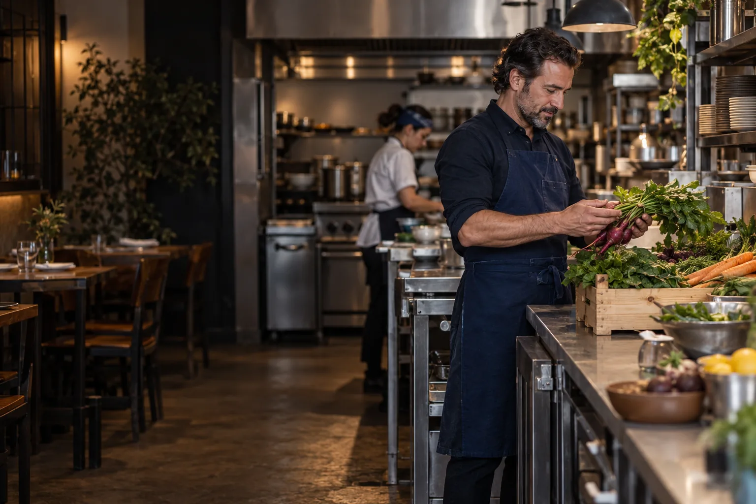 Illustration of a restaurant owner checking a produce delivery before service