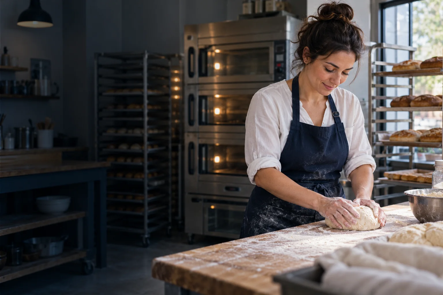 AI-generated editorial image of a bakery owner preparing dough beside ovens before opening