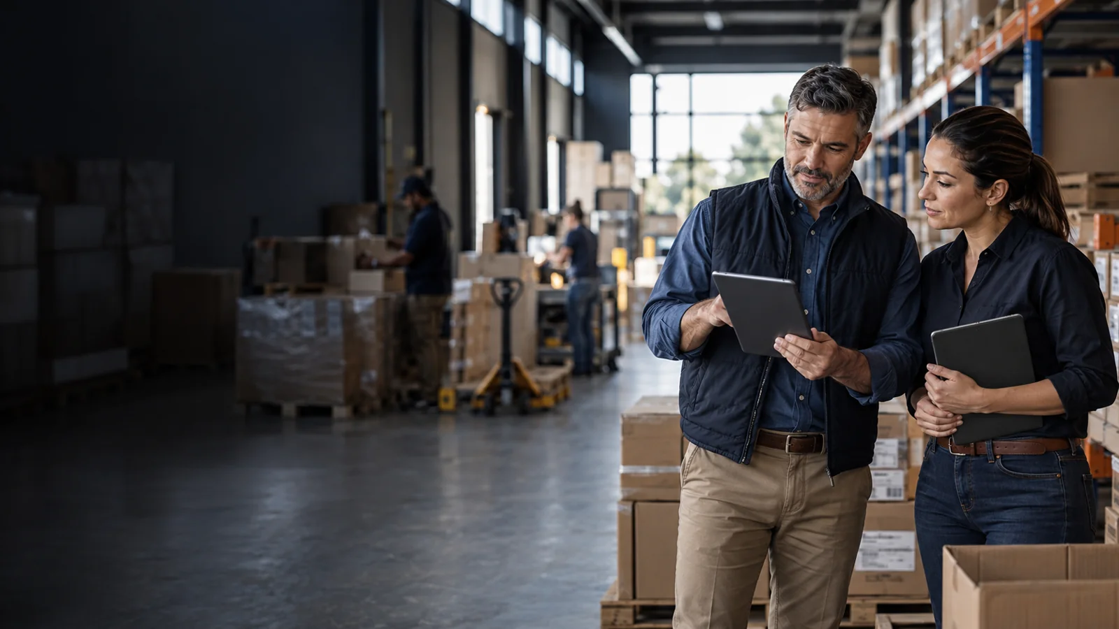 Owner and operations manager reviewing a distribution warehouse plan