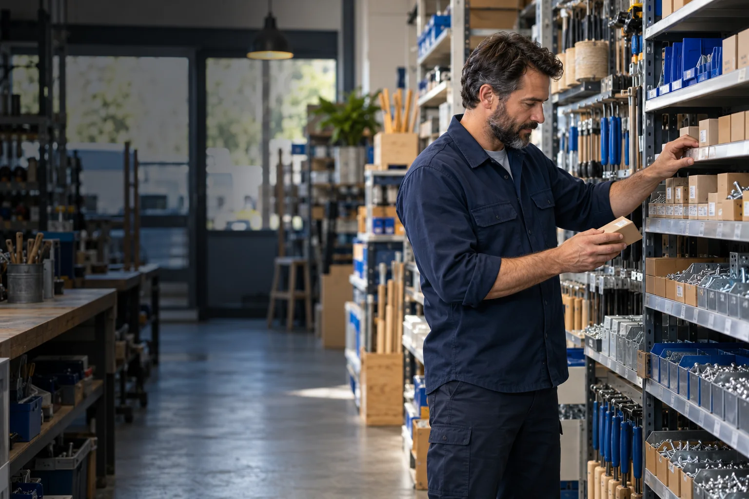 AI-generated editorial image of a hardware shop owner checking boxes of stock along a retail aisle