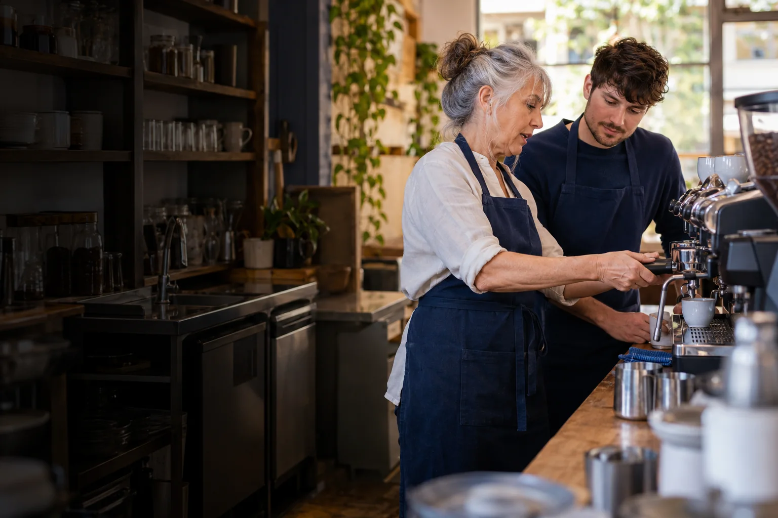 AI-generated editorial image of a coffee shop owner showing a prospective buyer how the espresso machine works