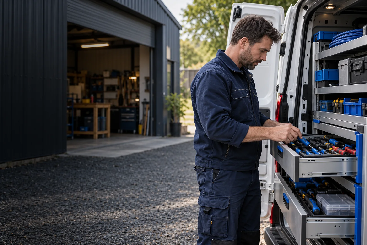 AI-generated editorial image of an electrical contractor organizing tools in a service van outside a workshop