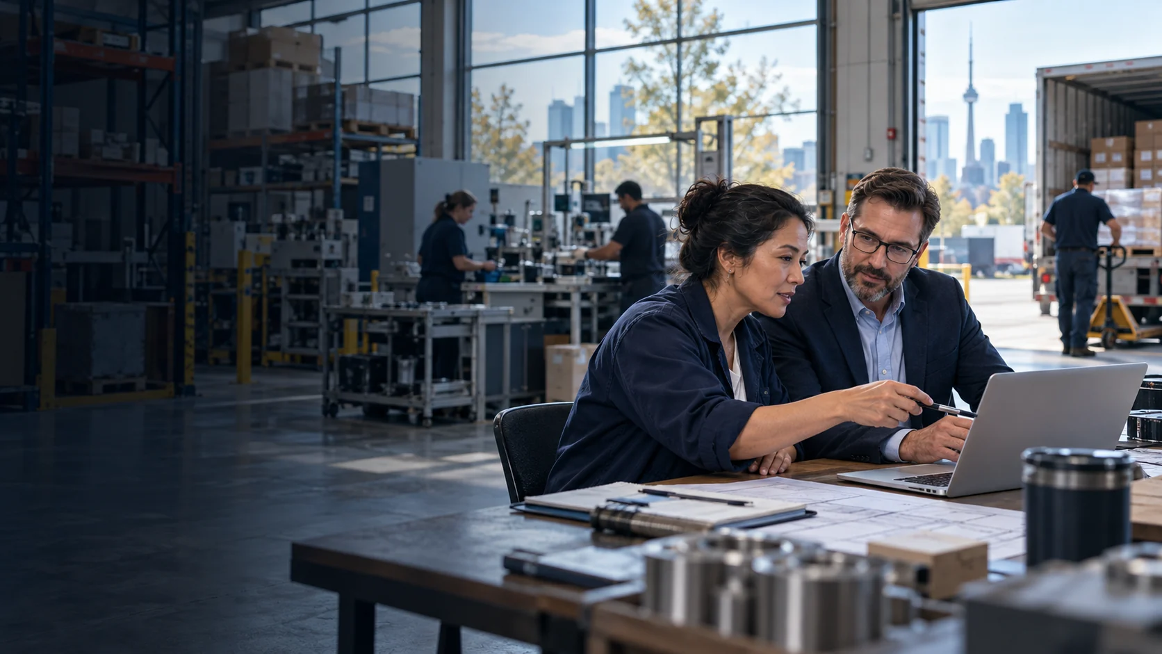Equipe planejando crescimento em uma operação de manufatura e distribuição