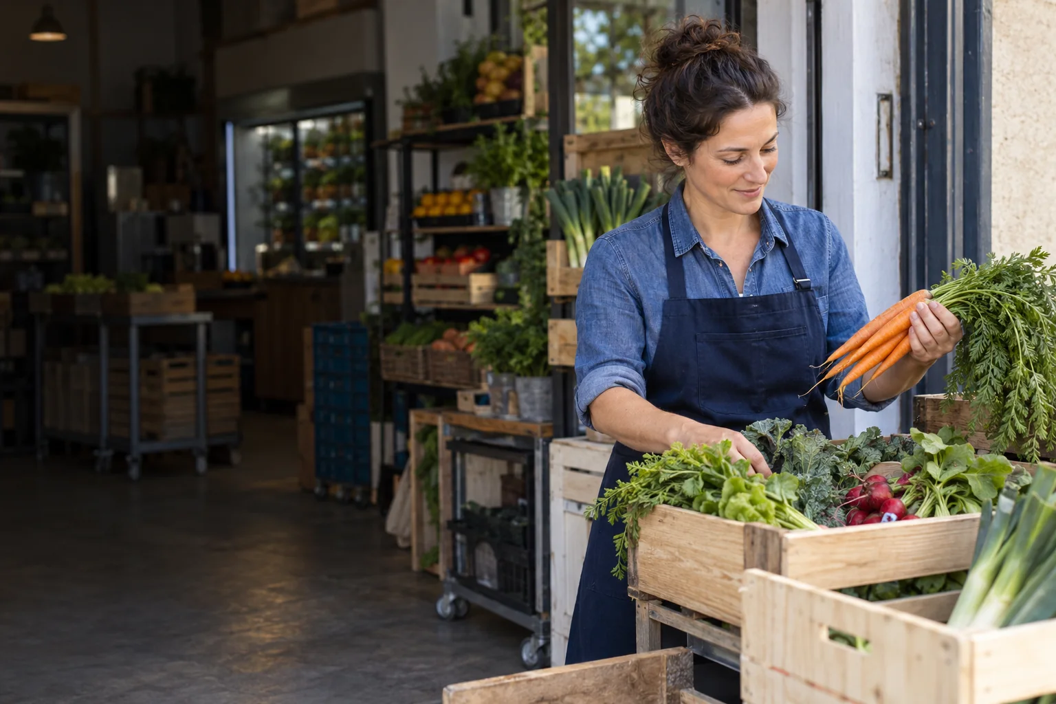 AI-generated editorial image of a grocery owner receiving a produce delivery at the shop entrance